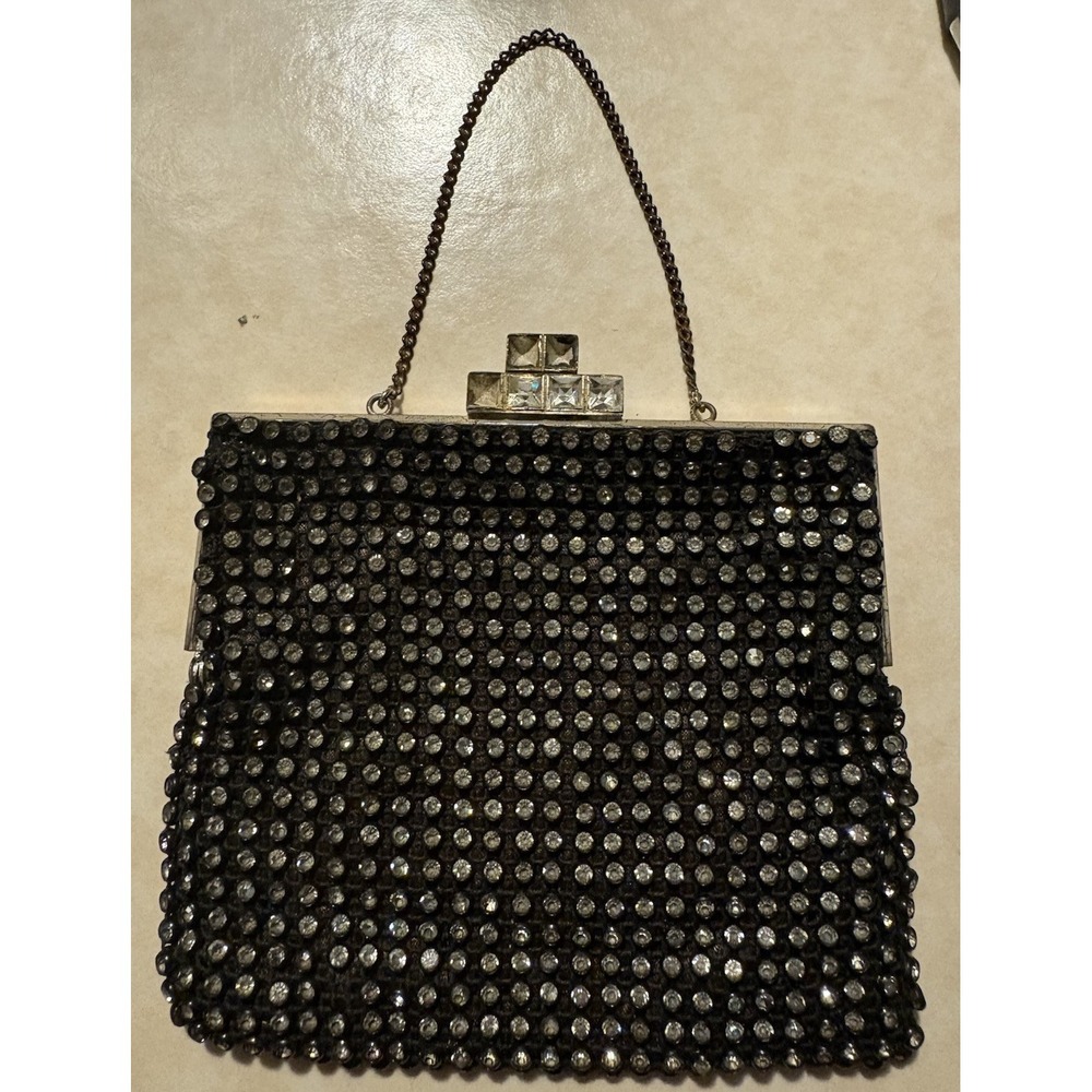 Vintage "Beaded In France Rhinestone Black Mesh Purse W Chain, Clasp, Art Deco